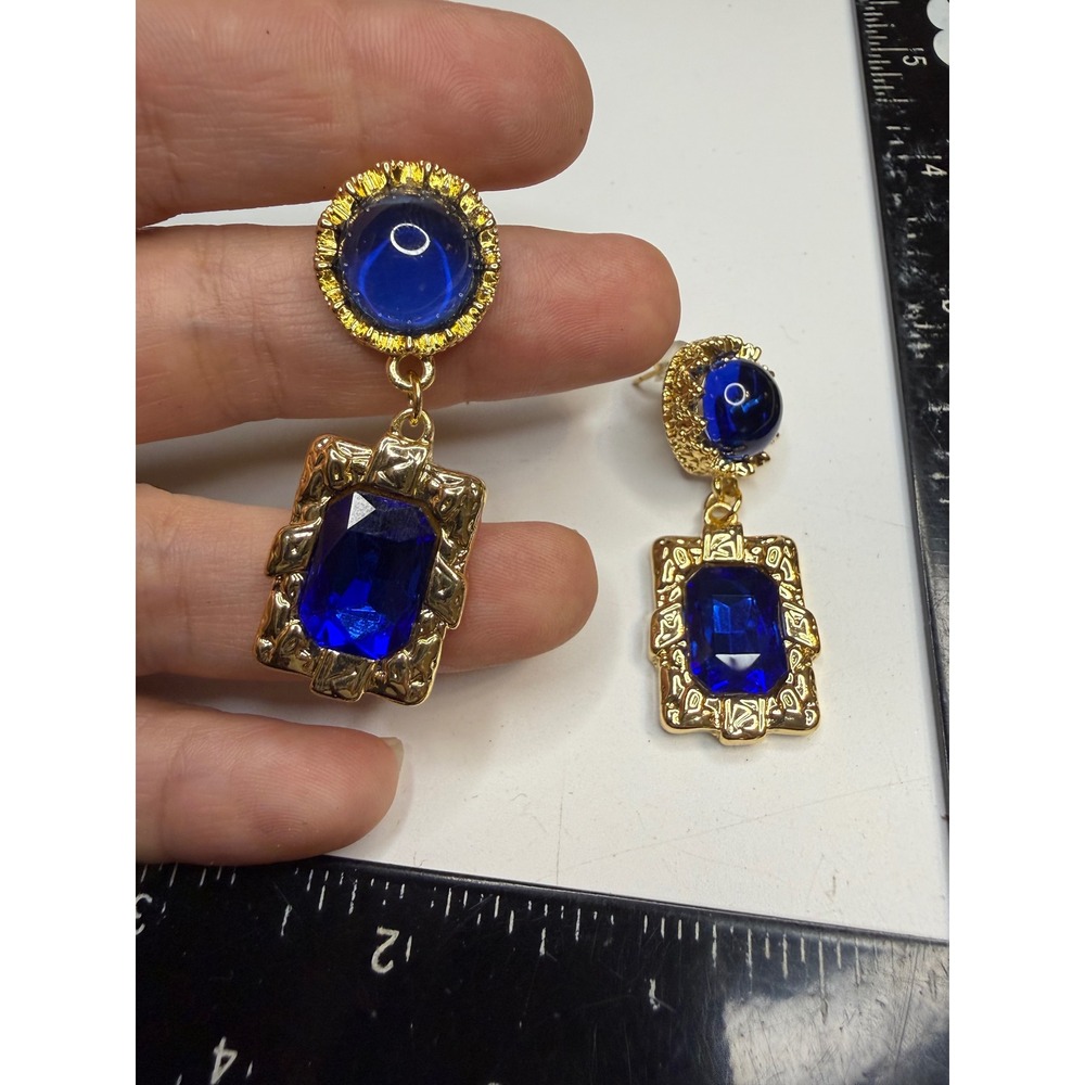 Gold Tone Cobalt Blue Resin Cabochon Emerald Cut Drop Statement Earrings